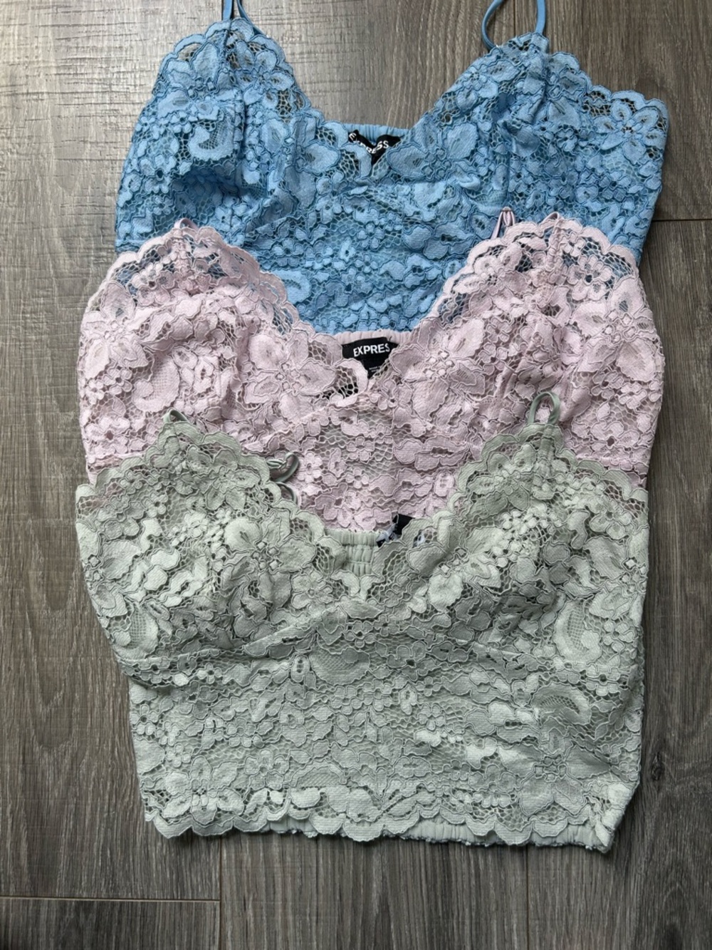 Express Lace Bandeau Bralettes in Blue, Pink, and Sage